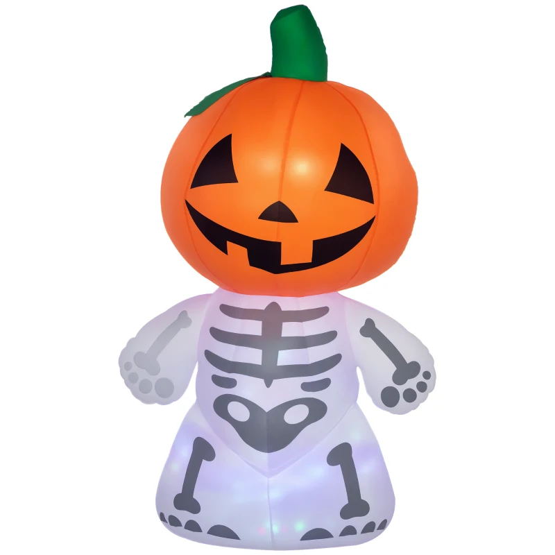 HOMCOM 6ft Halloween Inflatables Outdoor Decorations, Smiling Skeleton Ghost with Pumpkin Head, Blow Up LED Yard Decor for Garden, Lawn, Party, Holiday, Waterproof