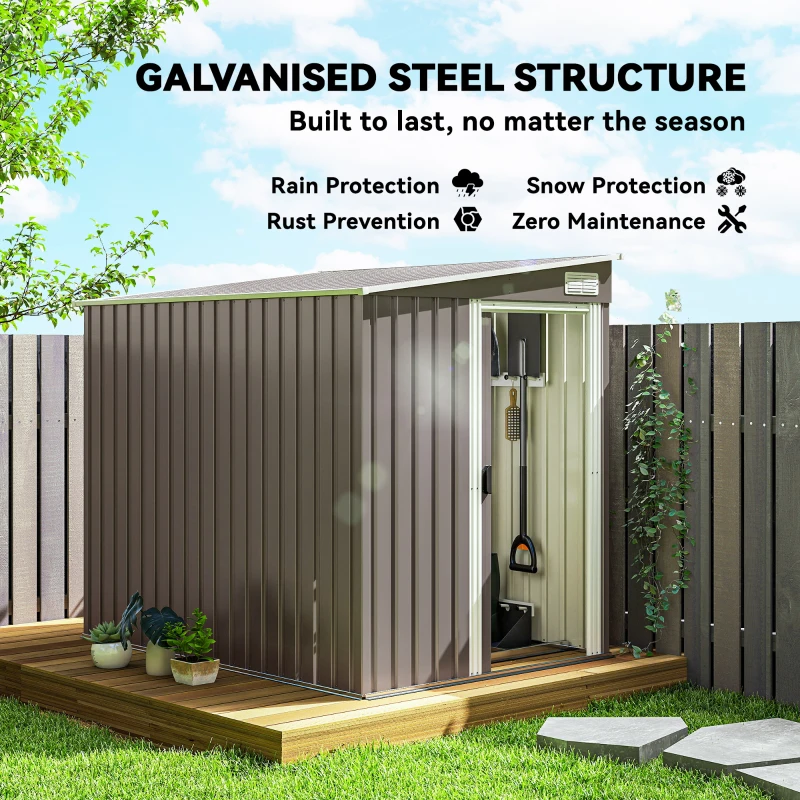 Outsunny 5'x7' Lean to Galvanized Metal Shed with Foundation, Garden Tool Storage House w/ Sliding Door and 2 Vents, Light Grey