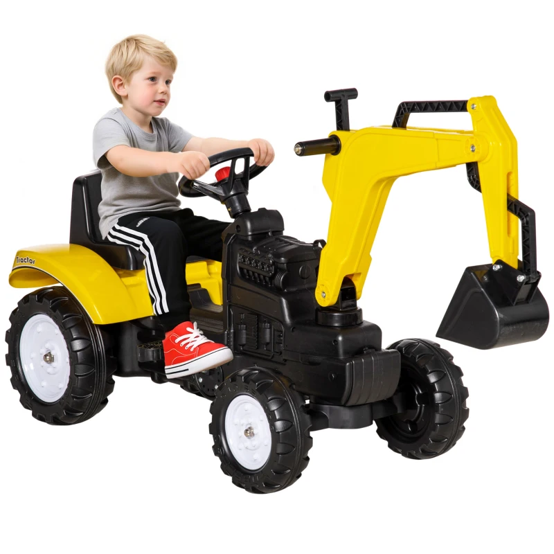 Aosom Kids Ride On Excavator, Pedal Digger, Construction Truck with Horn for Kids and Toddlers 3+, Yellow