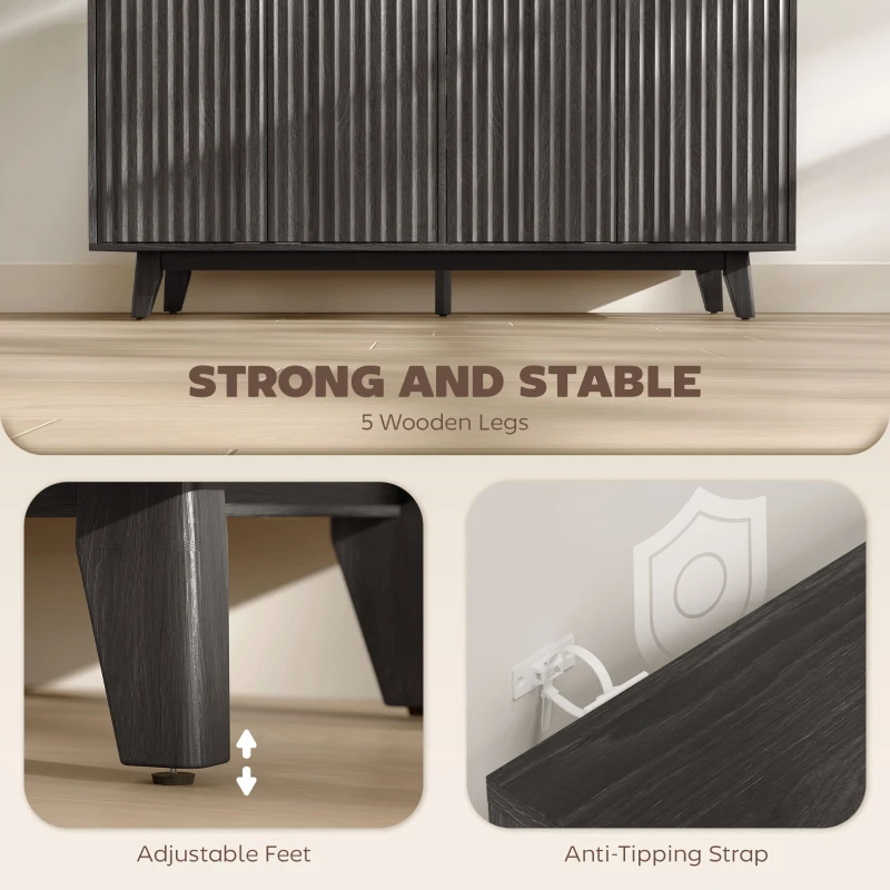 HOMCOM Fluted Sideboard Buffet Cabinet, 55" Coffee Bar Cabinet with 4 Doors, 2 Adjustable Shelves, 5 Wood Legs, Dark Gray