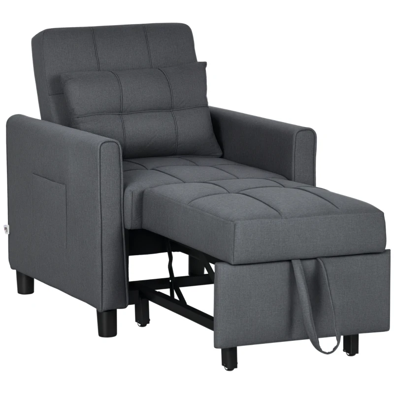 HOMCOM 3-in-1 Convertible Chair Bed, Multi-Functional Single Sofa Bed, Pull Out Sleeper Chair with Adjustable Backrest, Pillow, and Pockets, Gray