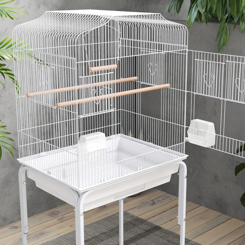 PawHut 49" Rolling Bird Cage Cockatoo House Play Top Finch Pet Supply with Storage Shelf, Wheels - White