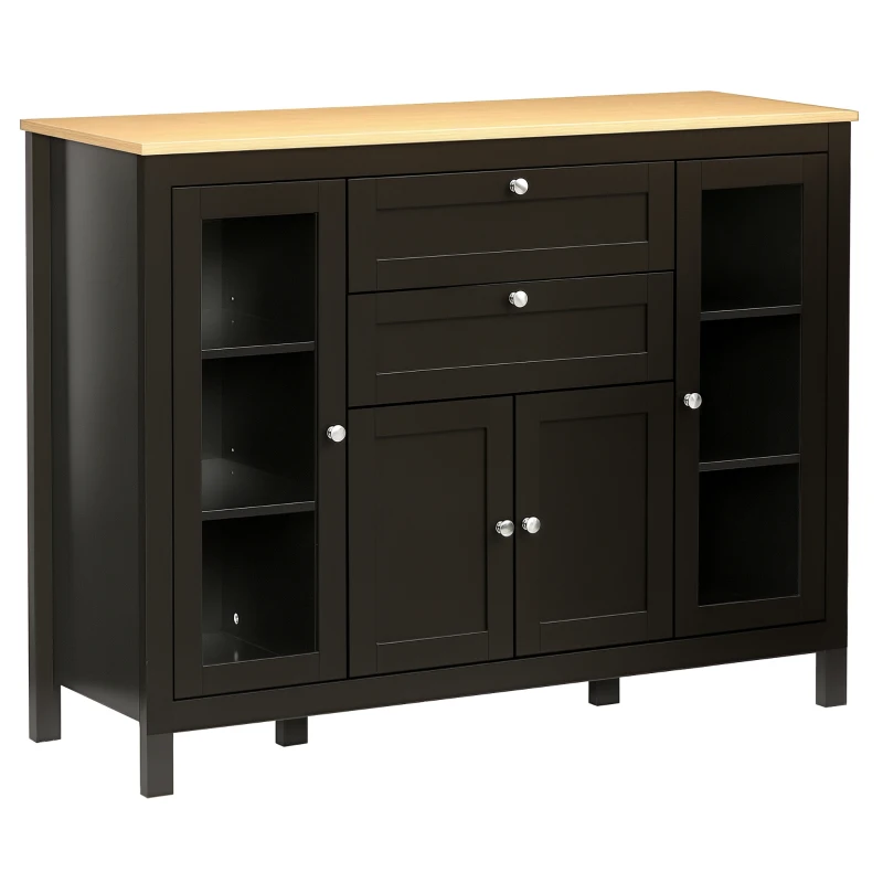 HOMCOM 47" Sideboard, Buffet Cabinet with Rubber Wood Top, Glass Door, Coffee Bar Cabinet, Kitchen Cabinet with Drawers, Adjustable Shelving for Living Room, Brown