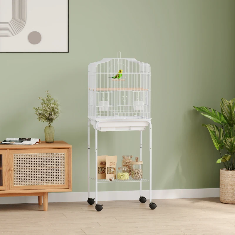 PawHut 49" Rolling Bird Cage Cockatoo House Play Top Finch Pet Supply with Storage Shelf, Wheels - White