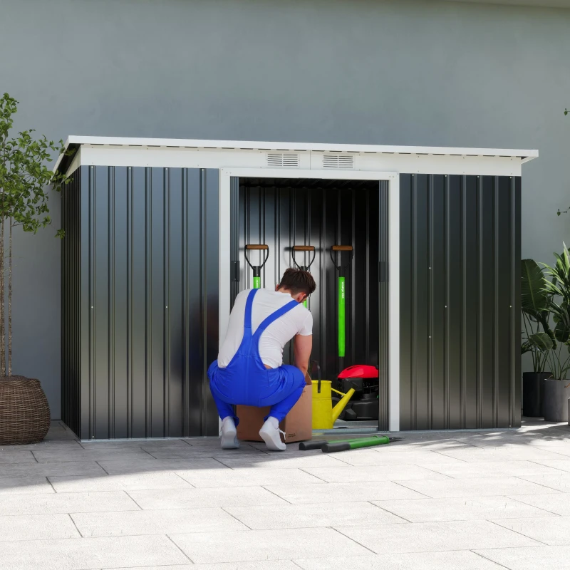 Outsunny 9x4 Outdoor Storage Shed Galvanized Steel Garden Shed with Foundation Kit, Ventilation & Doors, Dark Grey