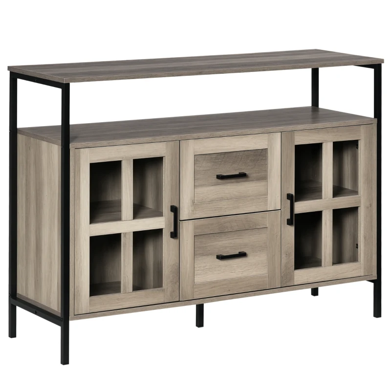 HOMCOM Industrial Sideboard Buffet Cabinet, Coffee Bar Cabinet with Adjustable Shelves, Glass Doors, and 2 Drawers for Kitchen, Living Room, Gray