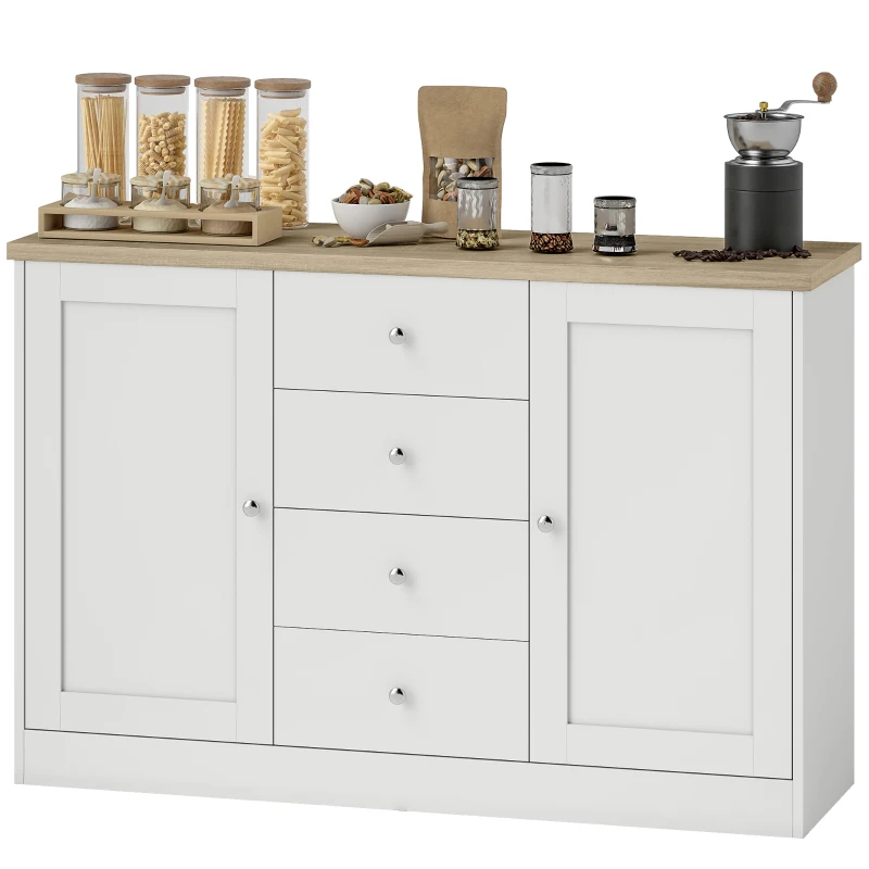 HOMCOM Country Style Sideboard Buffet Cabinet, Coffee Bar Cabinet with Adjustable Shelf, 2 Shaker Doors and 4 Drawers, White