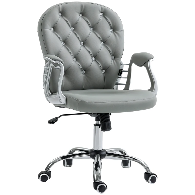 Vinsetto Button Tufted Desk Chair, Home Office Chair with Padded Armrests, Adjustable Height and Swivel Wheels, Gray