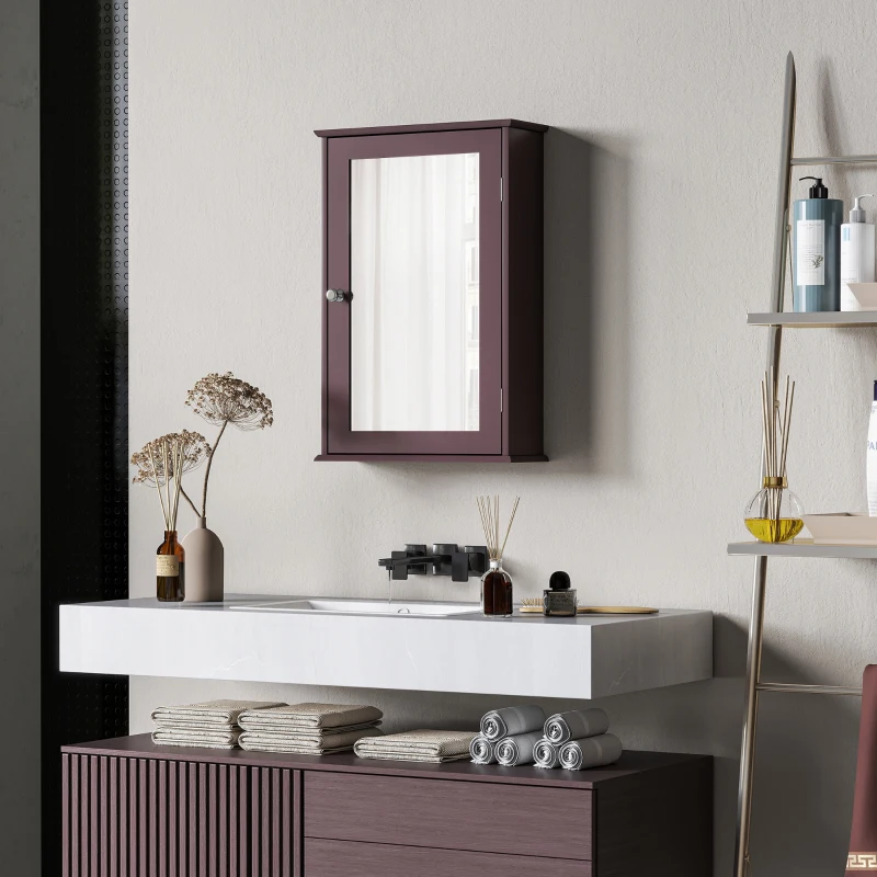 kleankin Bathroom Mirror Cabinet, Wall Mounted Medicine Cabinet with Door and Shelves, Dark Brown