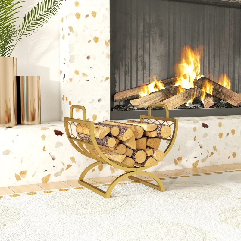 Outsunny Firewood Rack Outdoor, Heavy Duty Log Holder with Handles for Indoor Outdoor Fireplace Storage 18" x 14" x 16", Gold