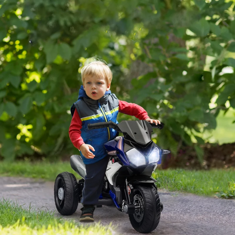 Qaba Kids Electric Motorcycle Ride-On Toy with 3 Wheels, Music, Horn, Lights, Blue
