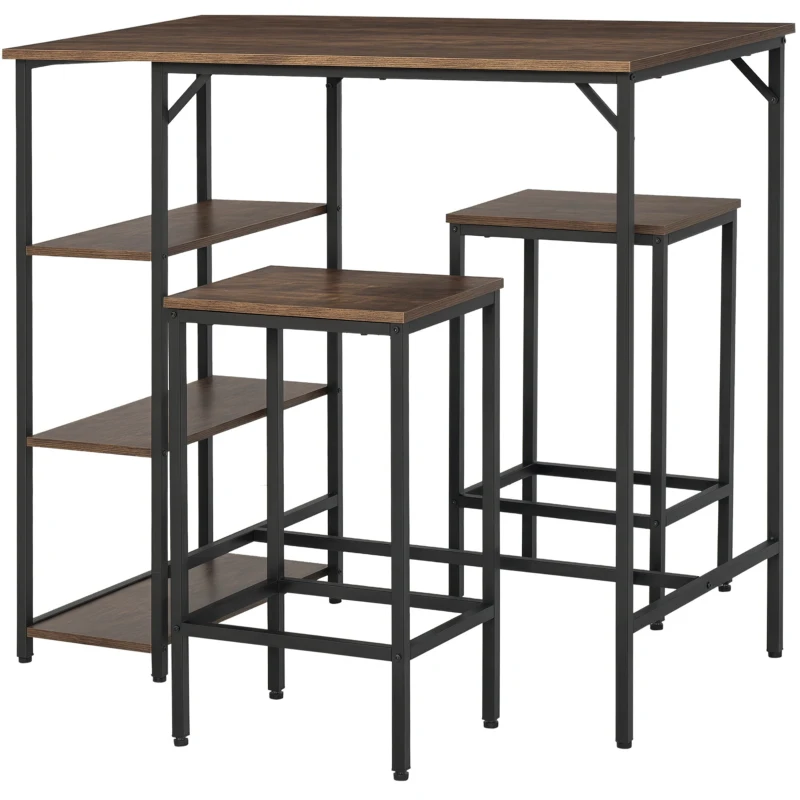 HOMCOM Industrial 3 Piece Dining Table Set, Counter Height Bar Table and Chairs Set, Kitchen Bistro Table Set with Storage Shelf and Stools, Rustic Brown