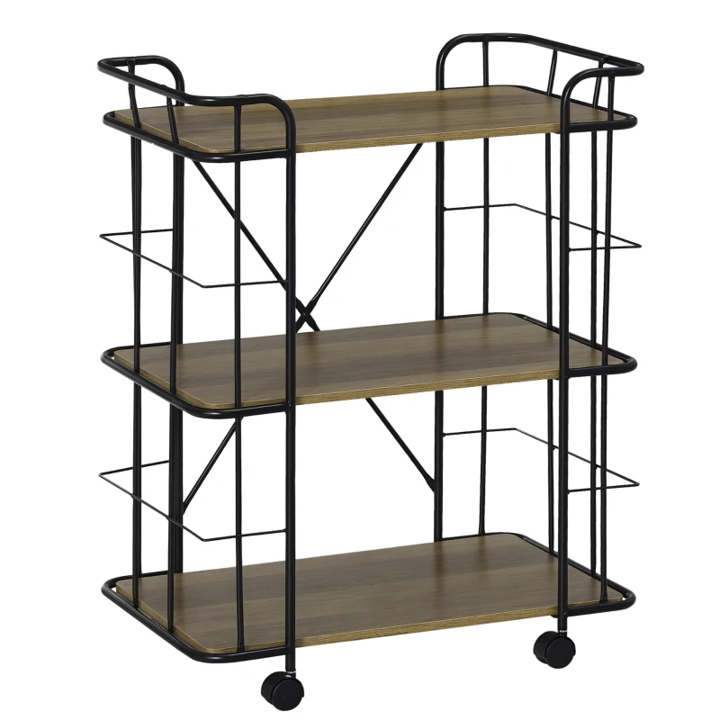 HOMCOM Bar Cart, Industrial Kitchen Cart with Wheels , Rolling Utility 3 Storage Shelves for Dining Room, Laundry Room, and Bathroom, Light Brown Wood Grain