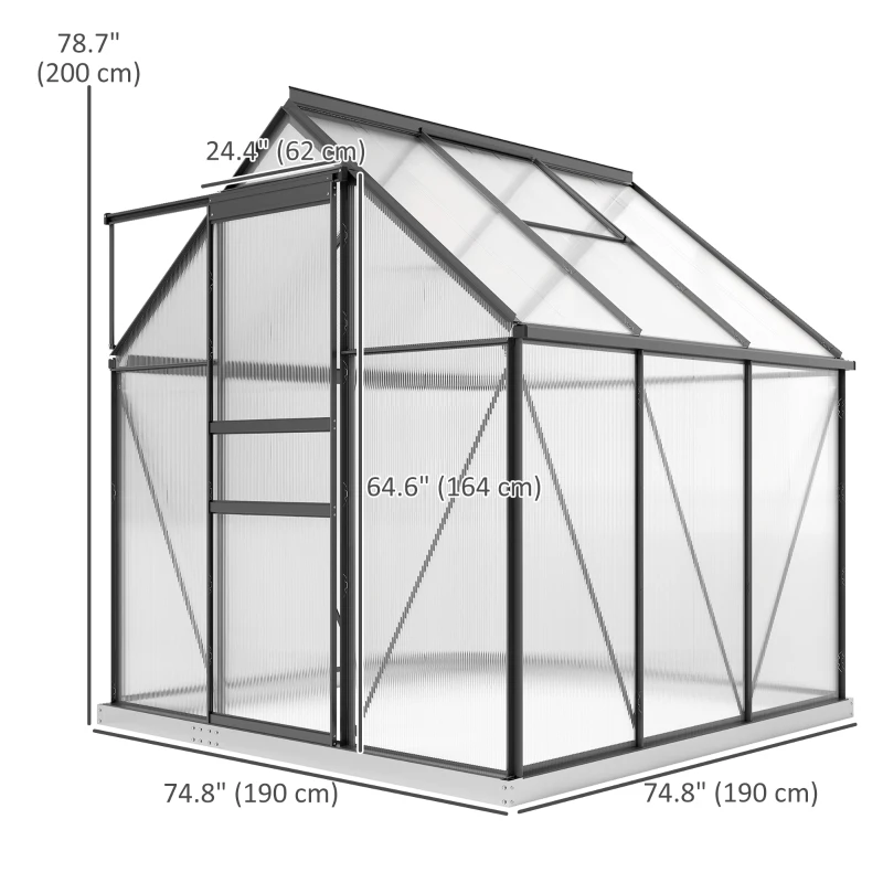 Outsunny 6' x 6' x 6.5' Polycarbonate Greenhouse, Walk-in Green House with Adjustable Roof Vent Galvanized Base Sliding Door Rain Gutter for Outdoor Garden Backyard, Grey