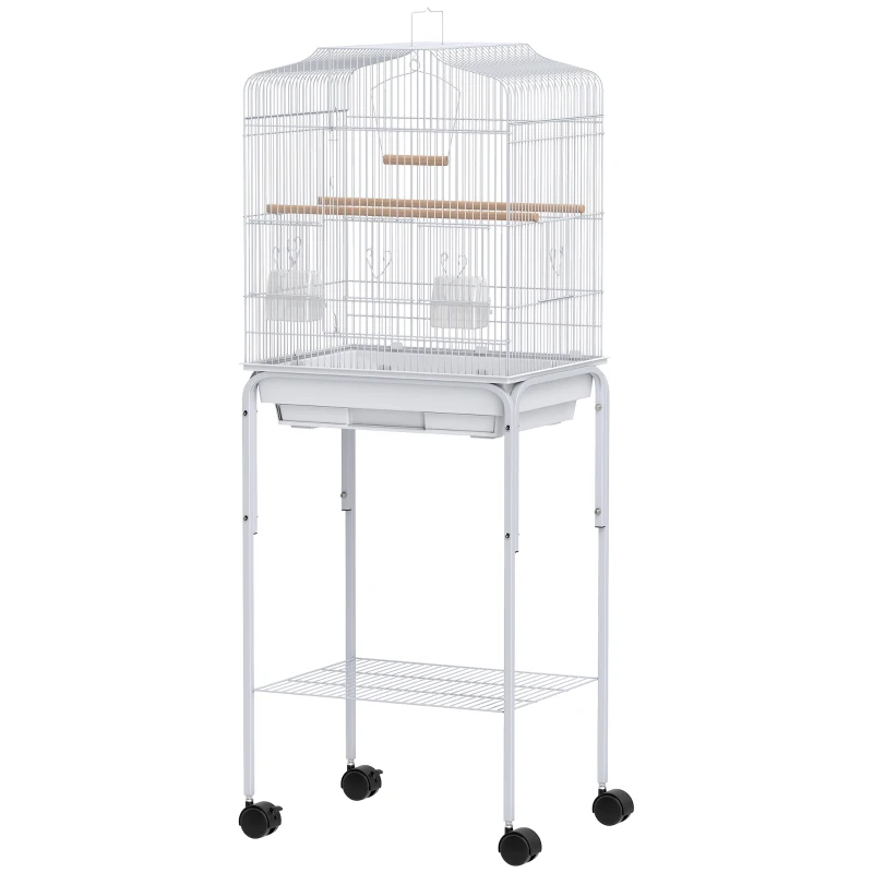 PawHut 49" Rolling Bird Cage Cockatoo House Play Top Finch Pet Supply with Storage Shelf, Wheels - White