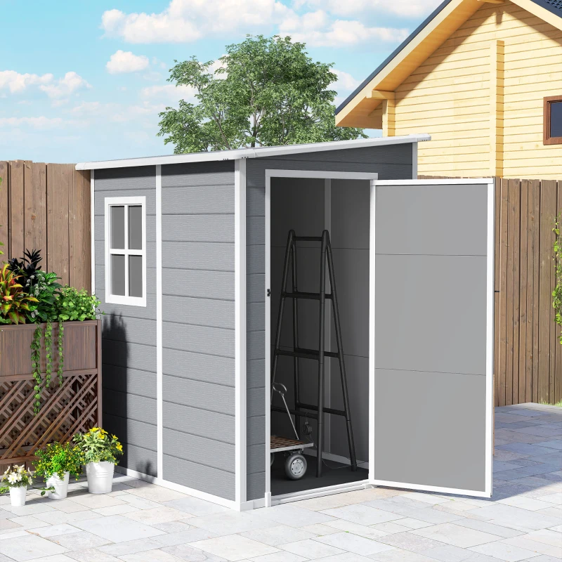 Outsunny 4'x5' Garden Tool Storage Shed, Lean to Shed with Window, Vent and Plastic Roof, Grey