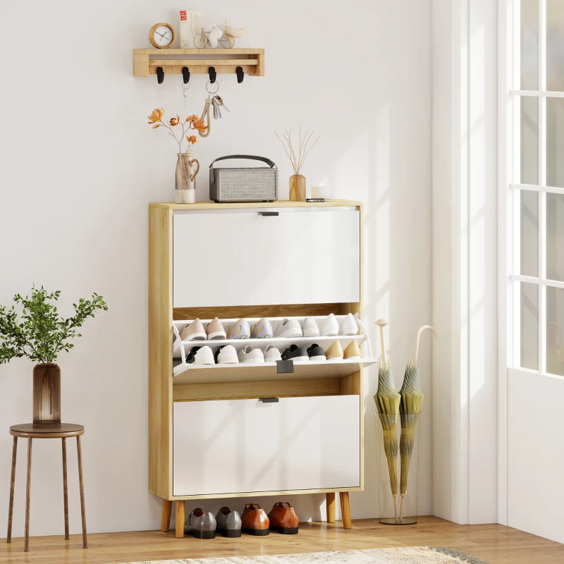 HOMCOM Narrow Shoe Cabinet, High Gloss Shoe Storage Cabinet with 3 Flip Drawers and Adjustable Shelves, Holds 24 Pairs, White