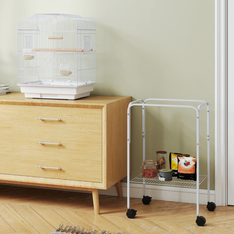 PawHut 49" Rolling Bird Cage Cockatoo House Play Top Finch Pet Supply with Storage Shelf, Wheels - White
