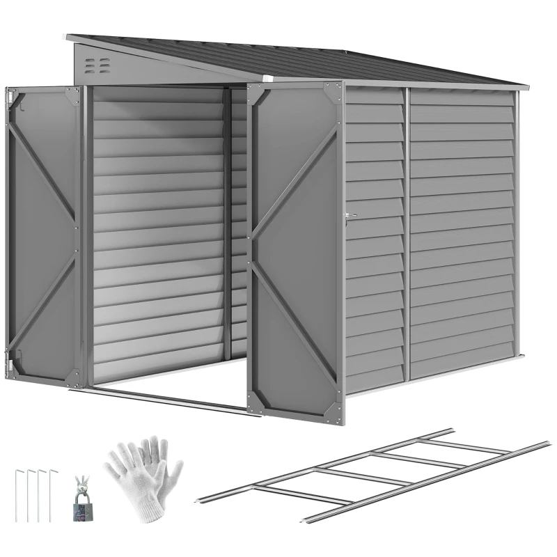 Outsunny 4.6' x 9' Steel Outdoor Storage Shed, Lean to Shed, Metal Tool House with Foundation Kit, Lockable Doors, Gloves and 2 Air Vents for Backyard, Patio, Lawn, Grey
