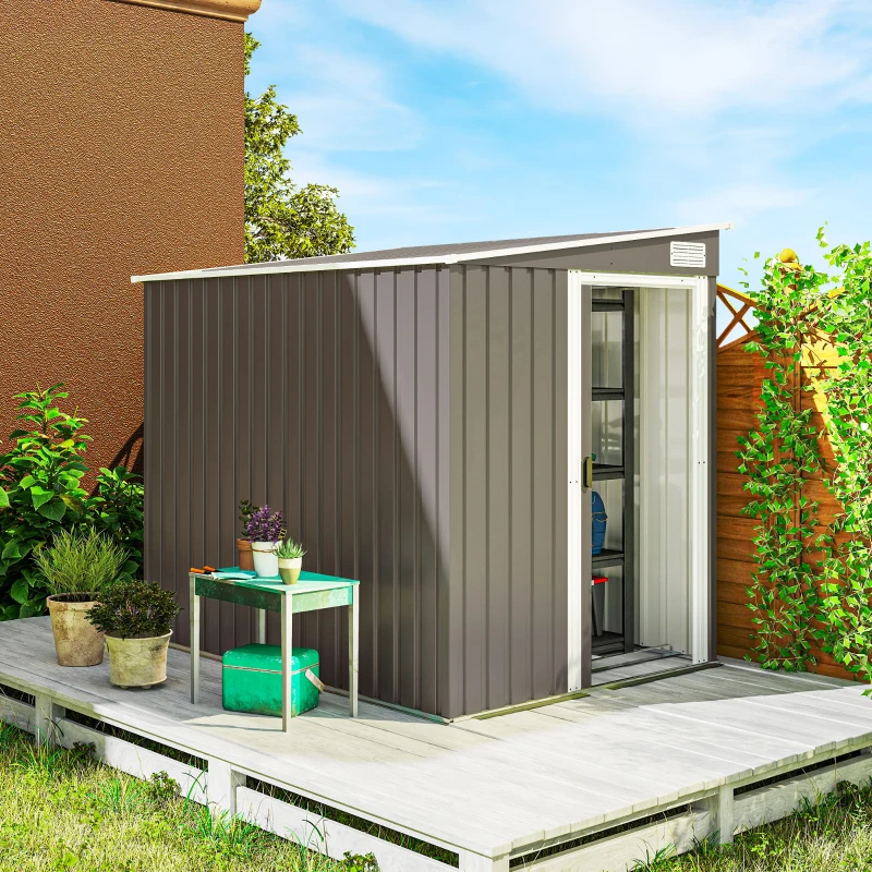 Outsunny 5'x7' Lean to Galvanized Metal Shed with Foundation, Garden Tool Storage House w/ Sliding Door and 2 Vents, Light Grey