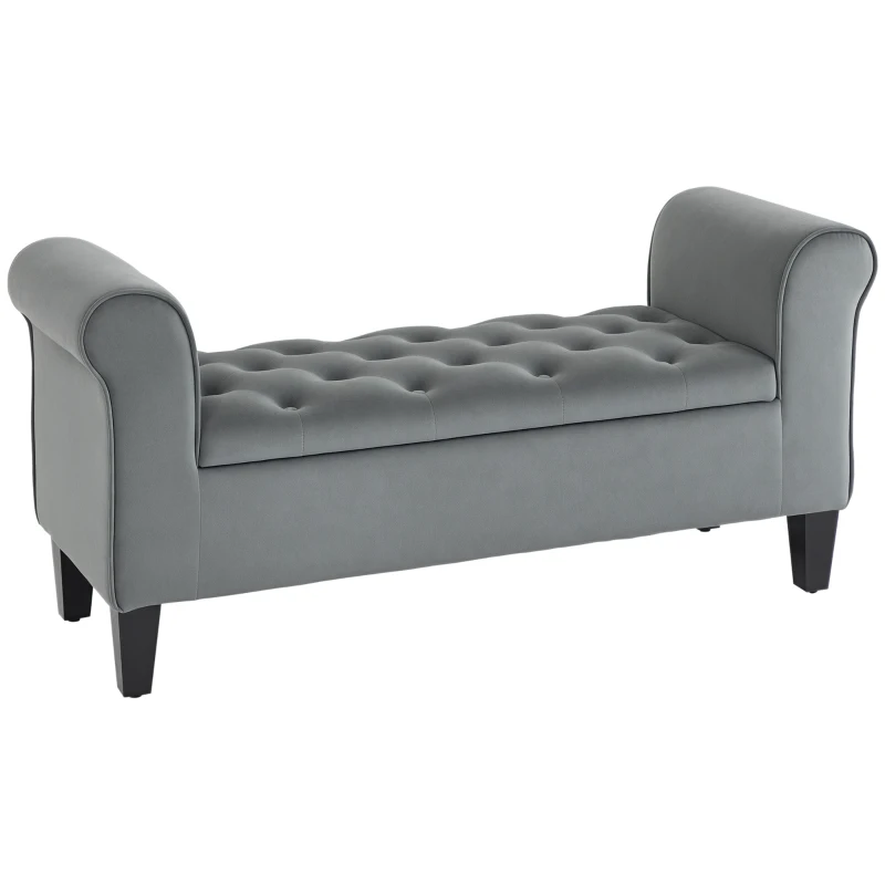 HOMCOM Button-Tufted Storage Ottoman Bench, Upholstered Bench with Rolled Armrests for Living Room or Hallway, Gray
