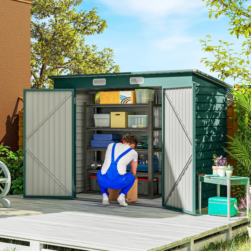 Outsunny 8 x 4FT Galvanized Garden Storage Shed, Metal Outdoor Shed with Double Doors and 2 Vents, Green
