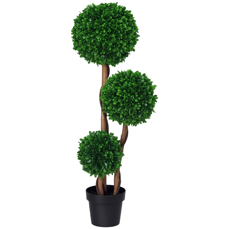 HOMCOM 3.5ft Artificial Tree, Triple Ball Boxwood Topiary with Pot and Sandalwood Leaves, for Indoor Outdoor Home