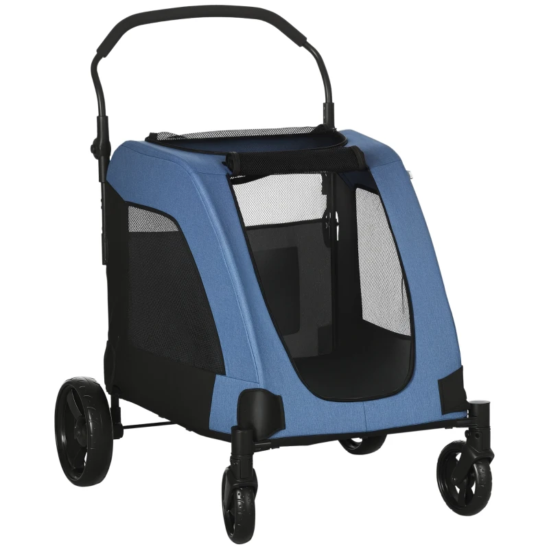 PawHut Dog Stroller for Medium and Large Dogs, 4 Wheels Folding Pet Cat Stroller With Universal Wheels, Storage Basket, safety leash, Blue