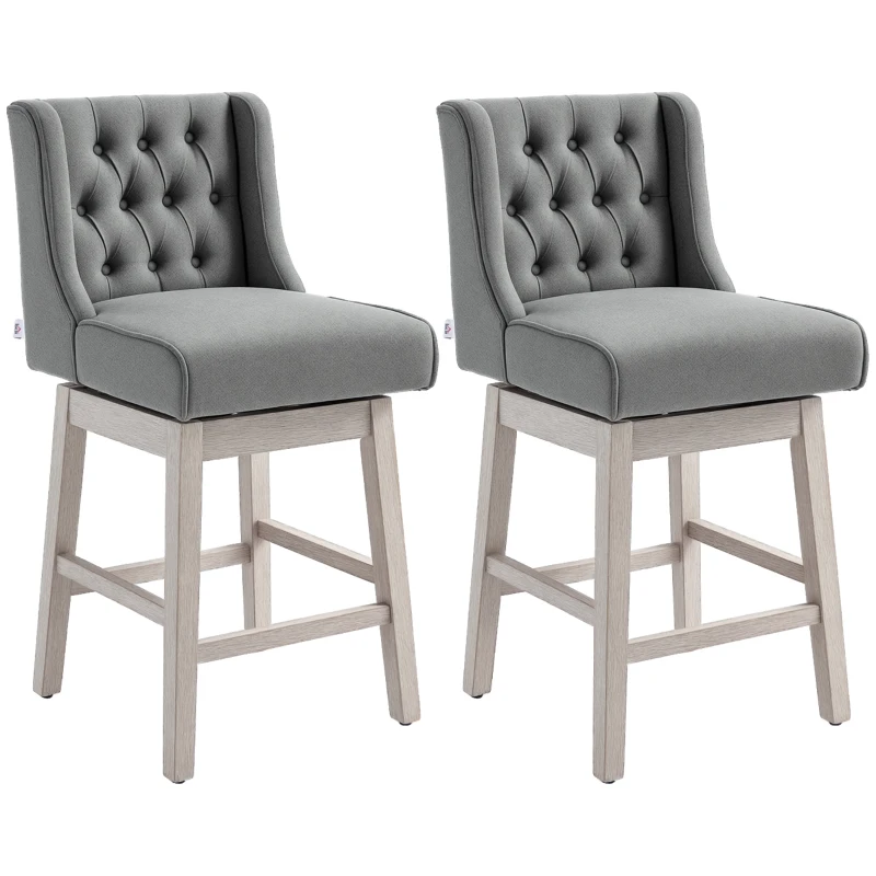 HOMCOM Swivel Bar Stools Set of 2, 27" Counter Height Stools with Linen Upholstery and Button Tufted Design for Kitchen