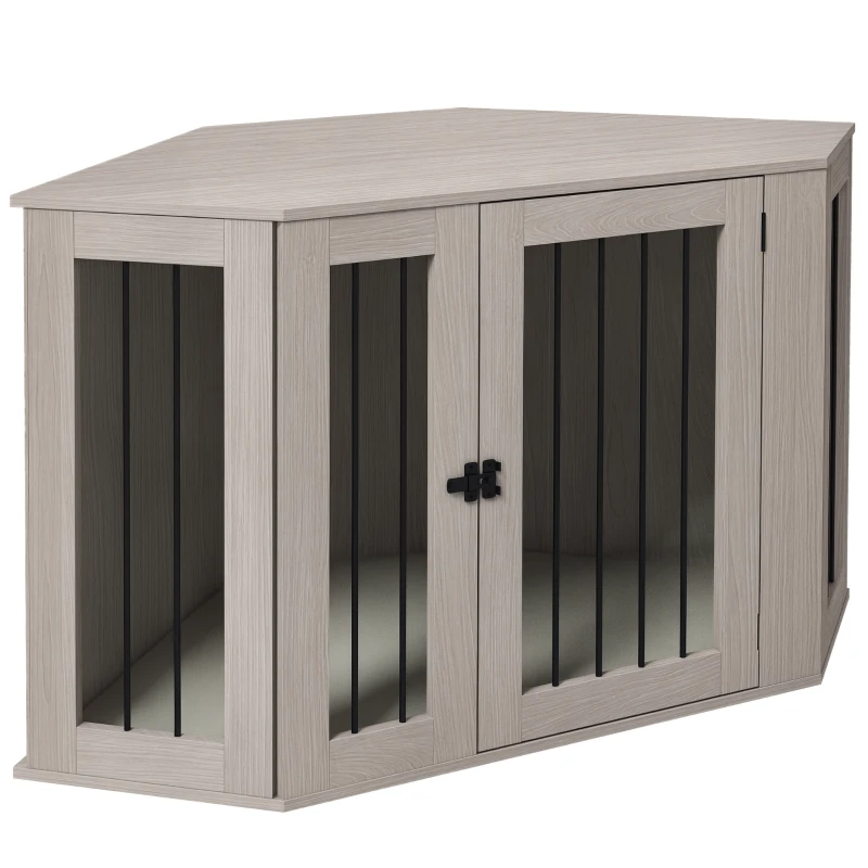 PawHut Corner Dog Crate, Furniture Dog Cages with Cushion for Large-Sized Dog, Indoor Use, Walnut Brown
