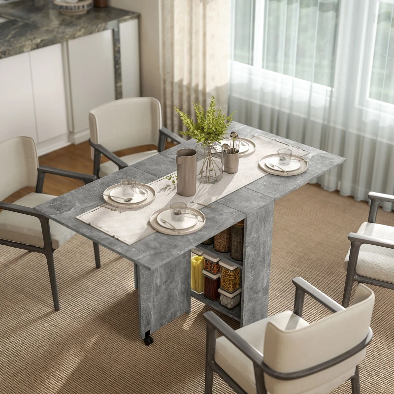 HOMCOM Extendable Dining Table, Collapsible Folding Table w/ 2-tier Shelves and Rolling Casters, Grey