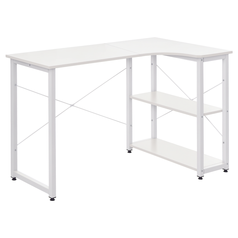 HOMCOM L-Shaped Computer Desk Home Office Corner Desk Study with Wide Desktop, 2 Side Shelves, Steel Frame, White