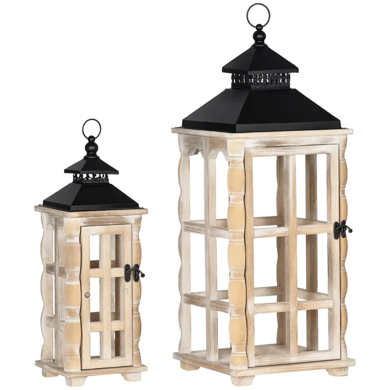 HOMCOM 2 Pack 31"/21" Large Rustic Lantern Decorations, Hanging Wooden Metal Indoor Covered Outdoor Lantern for Home Decor (No Glass), Black and Distressed Natural Wood Color