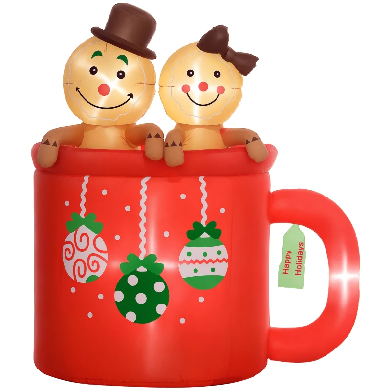Outsunny 6FT Inflatable Gingerbread Couple in Hot Cocoa Mug, Christmas Blow Up Decoration with LED Lights for Indoor, Outdoor