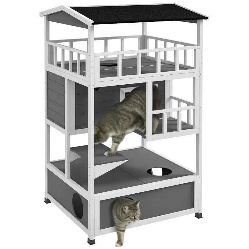 PawHut Wooden Outdoor Cat House with Asphalt Roof, Escape Doors, Condo, Jumping Platform, Light Gray