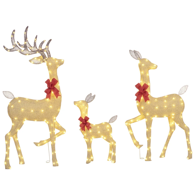 Outsunny Lighted Reindeer Christmas Decorations, 3-Piece Light Up Christmas Deer Family Set with LEDs for Outdoor, Gold