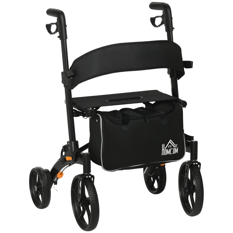 HOMCOM Aluminum Rollator Walker for Seniors and Adults with 10'' Wheels, Seat and Backrest, Folding Rolling Walker with Adjustable Handle Height and Storage Bag, Support up to 300lbs, Black