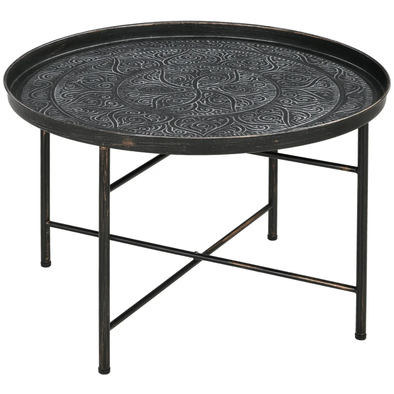 HOMCOM Coffee Table for Living Room, 24" Round Center Table with Hammered Tray Top and Metal Frame for Bedroom, Pewter