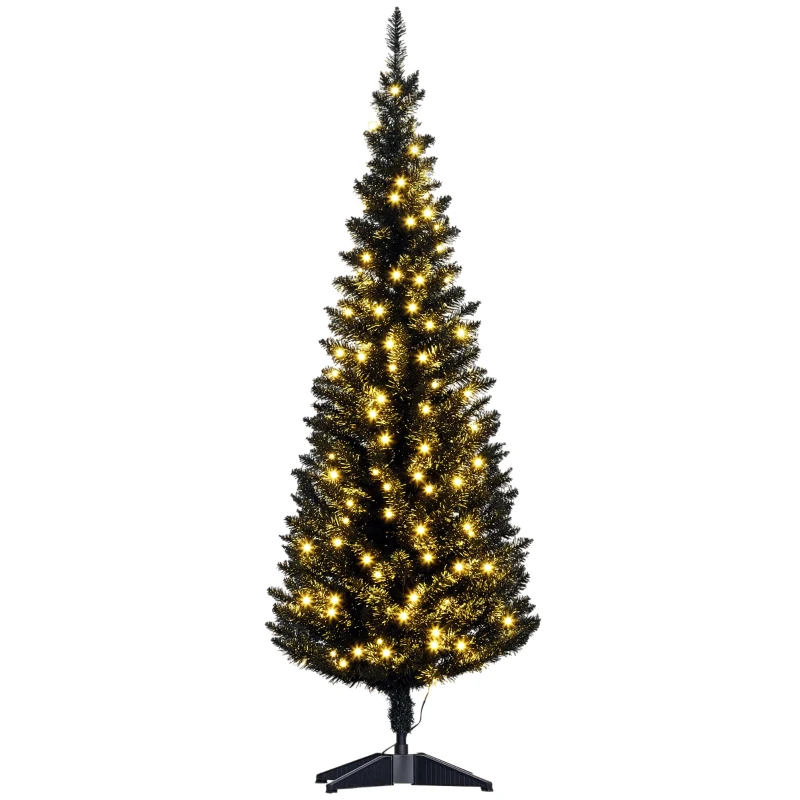 HOMCOM 5ft Pencil Christmas Tree, Slim Artificial Christmas Tree with Realistic Branches and Warm White LED Lights, Black