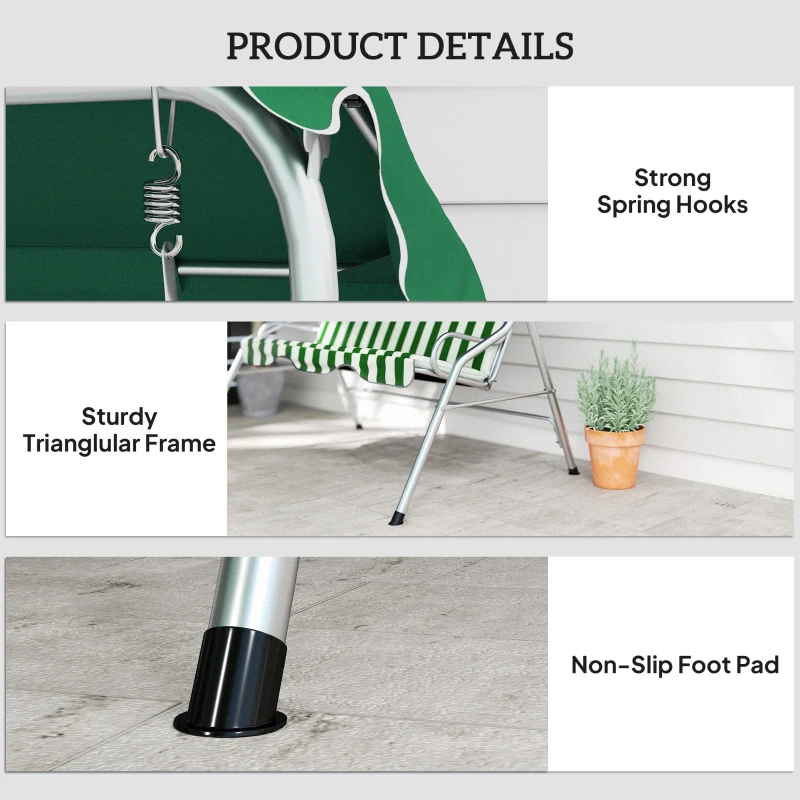 Outsunny 3-Seat Patio Swing Chair, Outdoor Porch Swing Glider with Adjustable Canopy, Removable Cushion, and Weather Resistant Steel Frame, for Garden, Poolside, Green & White