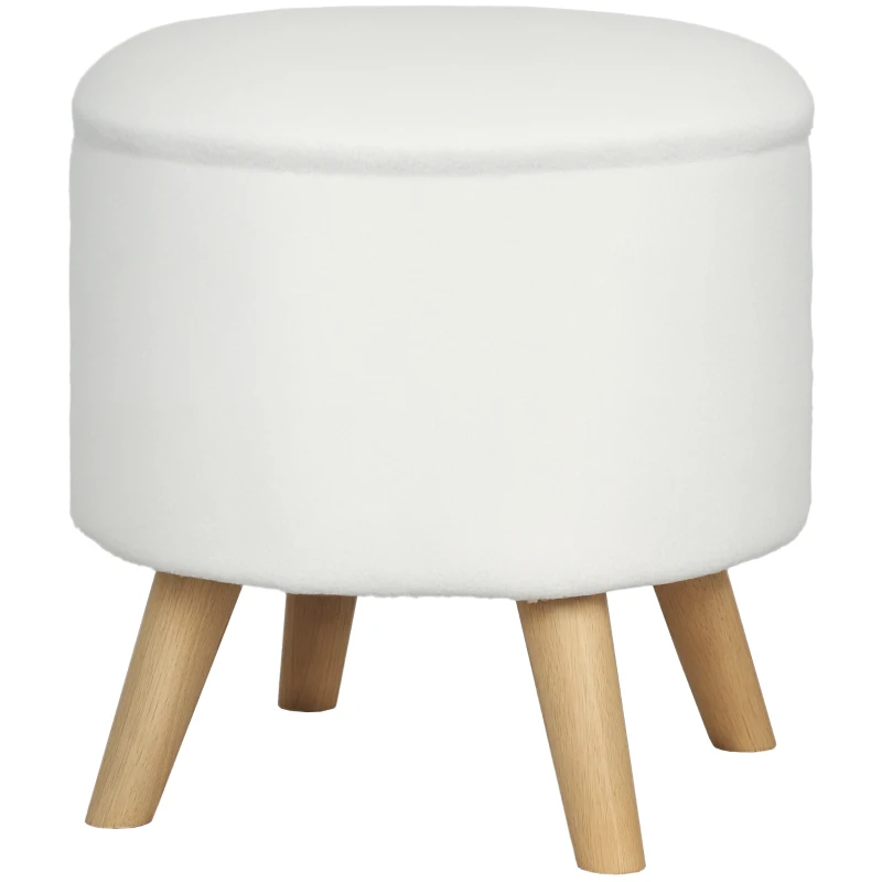 HOMCOM Round Ottoman Stool with Storage, Linen Upholstered Foot Stool with Padded Seat, Hidden Space and Wood Legs, White