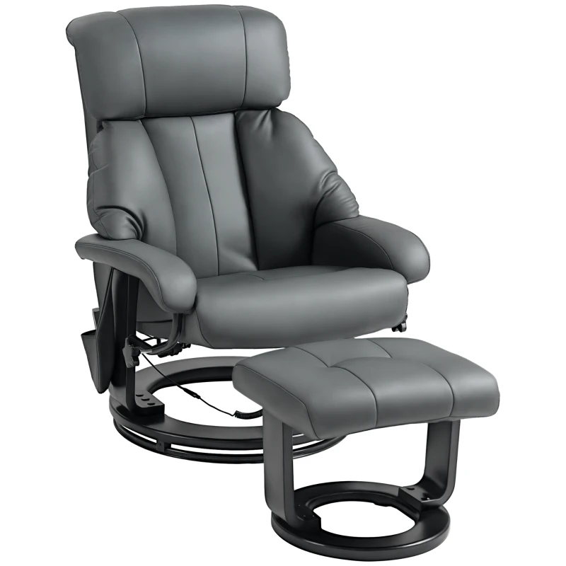 HOMCOM Swivel Recliner with Ottoman, Faux Leather Reclining Chair with Massage, Footstool Remote and Side Pocket, Gray