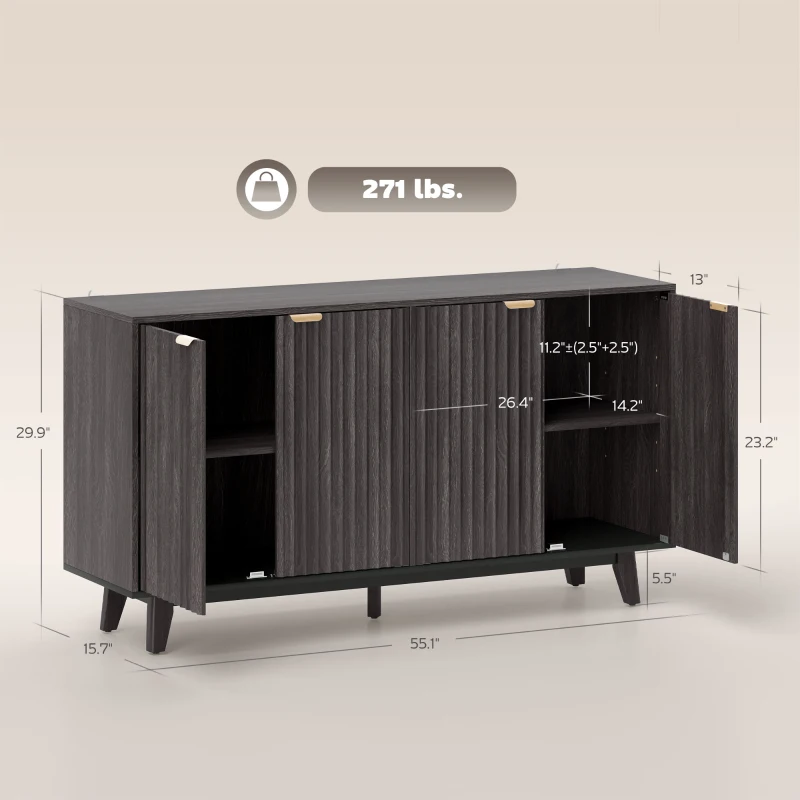 HOMCOM Fluted Sideboard Buffet Cabinet, 55" Coffee Bar Cabinet with 4 Doors, 2 Adjustable Shelves, 5 Wood Legs, Dark Gray