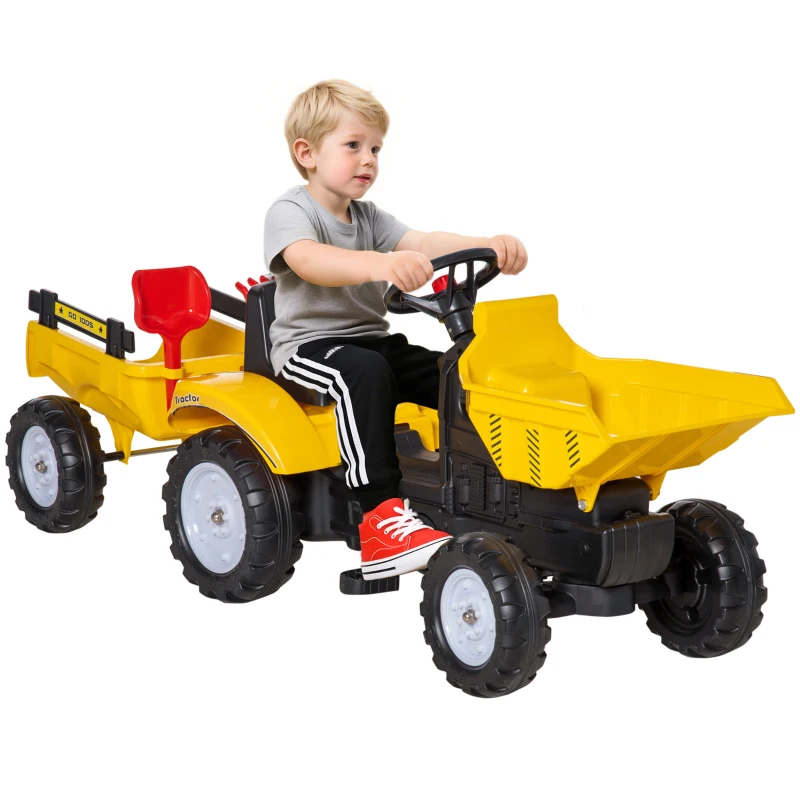 Aosom Ride on Toy Dump Truck for Kids, Pedal Construction Car with Detachable Trailer for 3 Year Old, Yellow