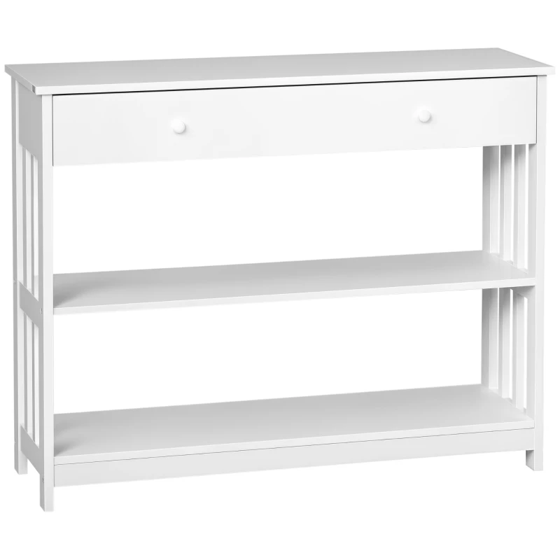 HOMCOM Console Hallway Table with Extra Wide Pull Out Drawer, 2 Open Shelves and Slatted Wood Frame Design, White