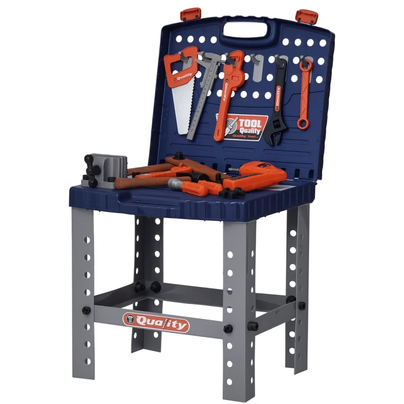 Qaba 68 Pcs Kids Tool Bench, Foldable Pretend Workbench Toy Tool Set, Power Tools Workshop with Electric Drill for Toddler 3 to 6 Years Old