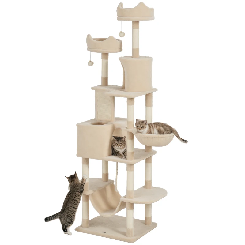 PawHut 81" Large Cat Tree w/ Scratching Posts, Condos, Beds, Hammocks, Jumping Platforms, Toy Balls, Rope Cat Toy, Beige