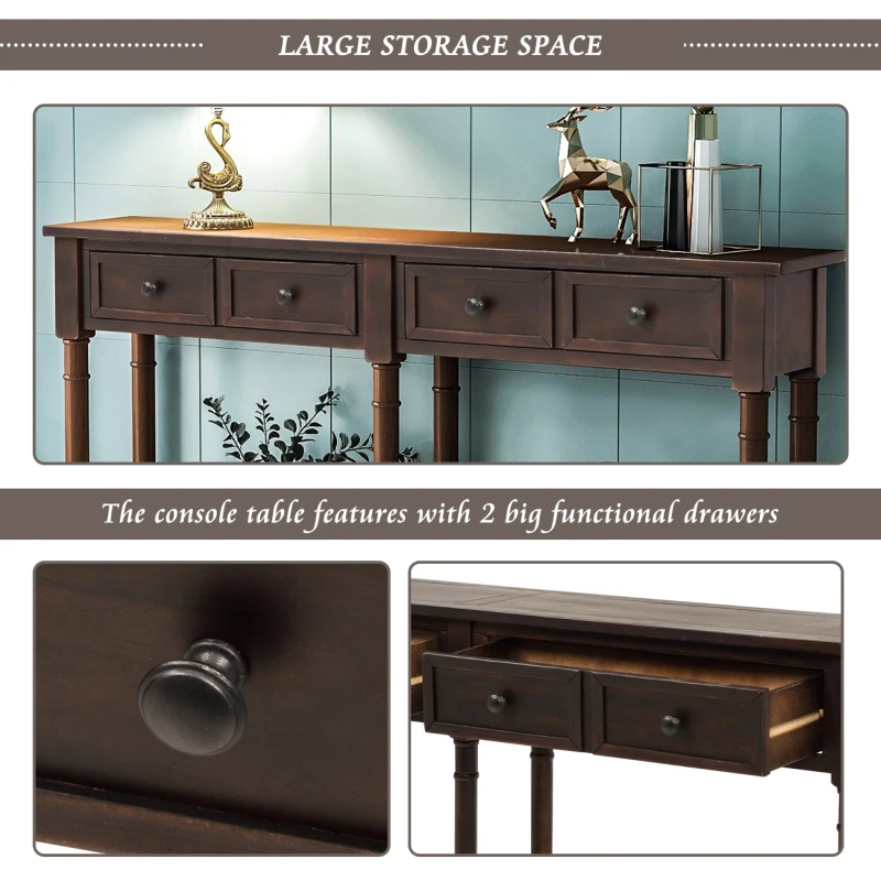 Console Table with Two Storage Drawers and Bottom Shelf, Easy Assembly, Solid Wood Frame, 58" L x 11" W x 34" H, Dark Brown