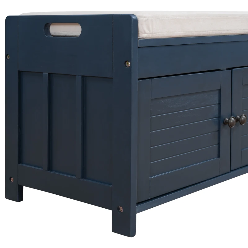 Rustic Storage Bench with Shutter-shaped Doors, Hidden Storage and Removable Cushion, 43.5" L x 16 " W x 18" H, Antique Navy