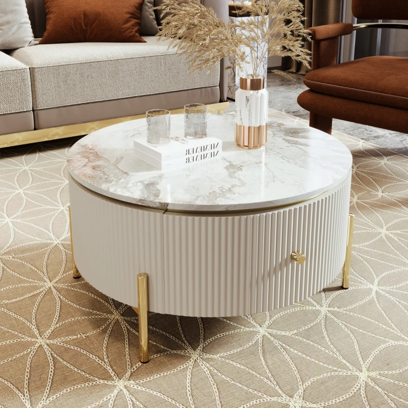 Modern Round Coffee Table with 2 Large Drawers, MDF Construction and Golden Legs, 31.5" L x 31.5" W x 17" H, Gold+White